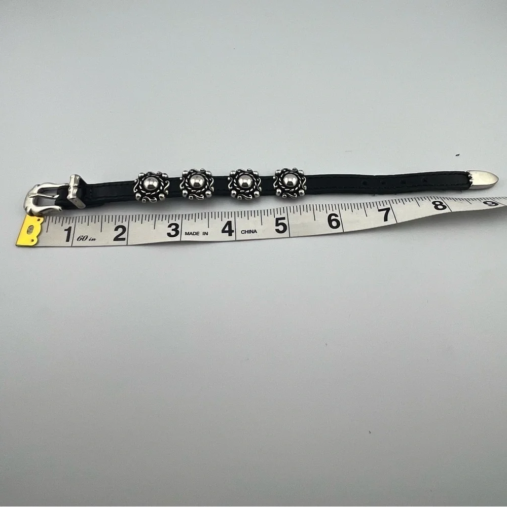 Black Leather 1996 Silvertone Conchos Buckle Hardware Adjustable Bracelet 8